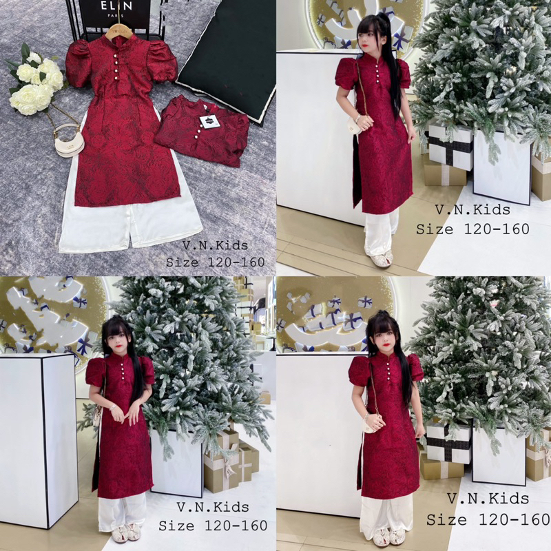 Set áo dài Gấm hoa hồng + quần lụa xuông size đại 16kg - 40kg