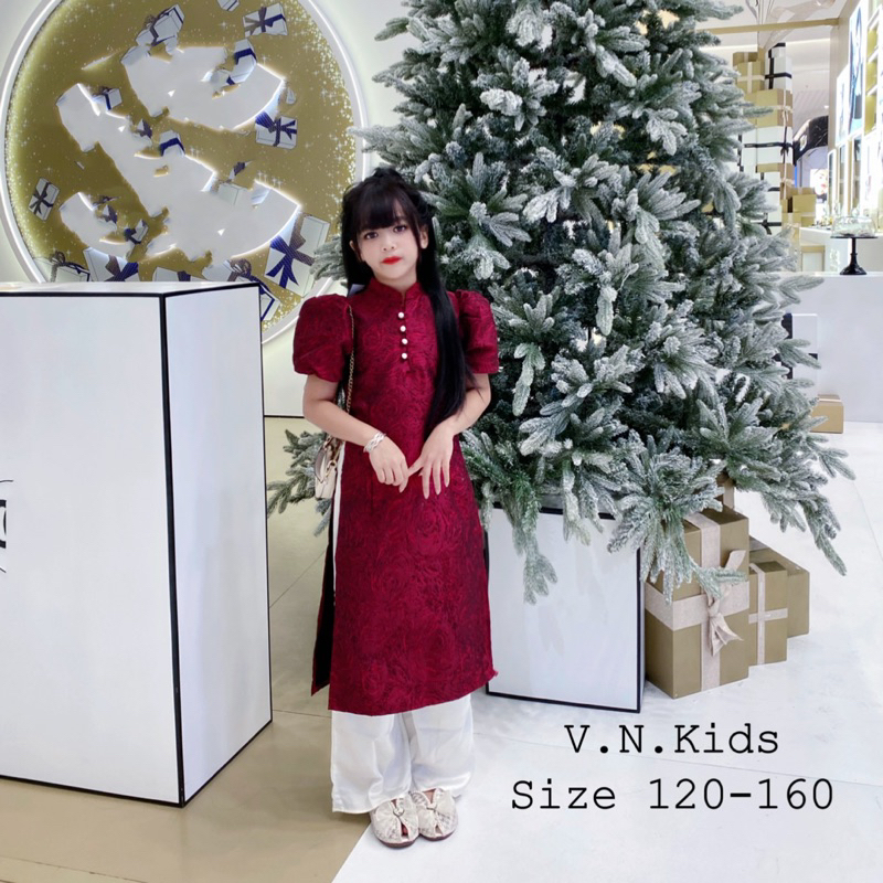 Set áo dài Gấm hoa hồng + quần lụa xuông size đại 16kg - 40kg