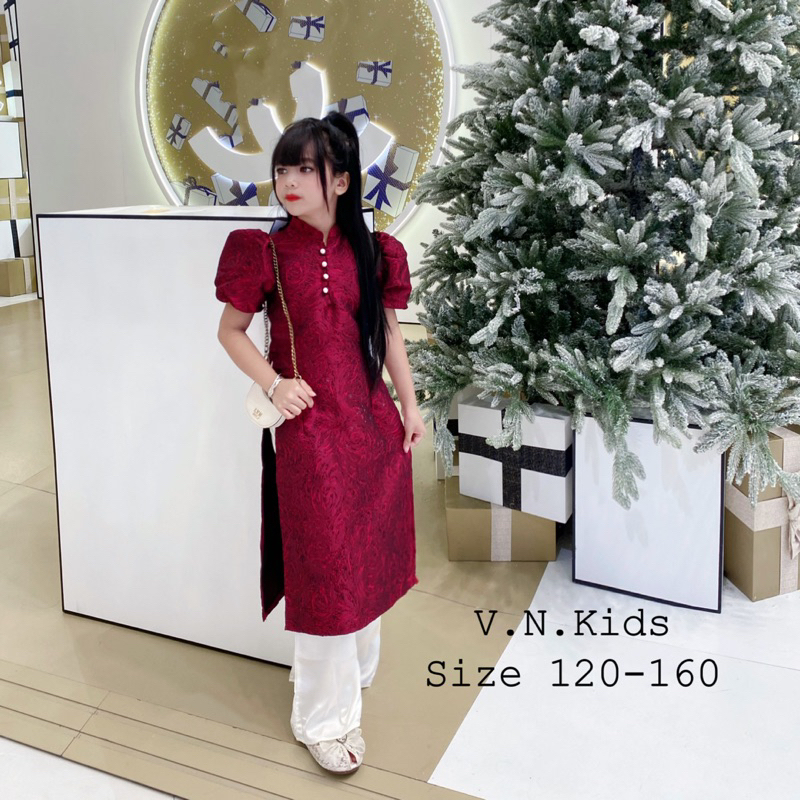 Set áo dài Gấm hoa hồng + quần lụa xuông size đại 16kg - 40kg