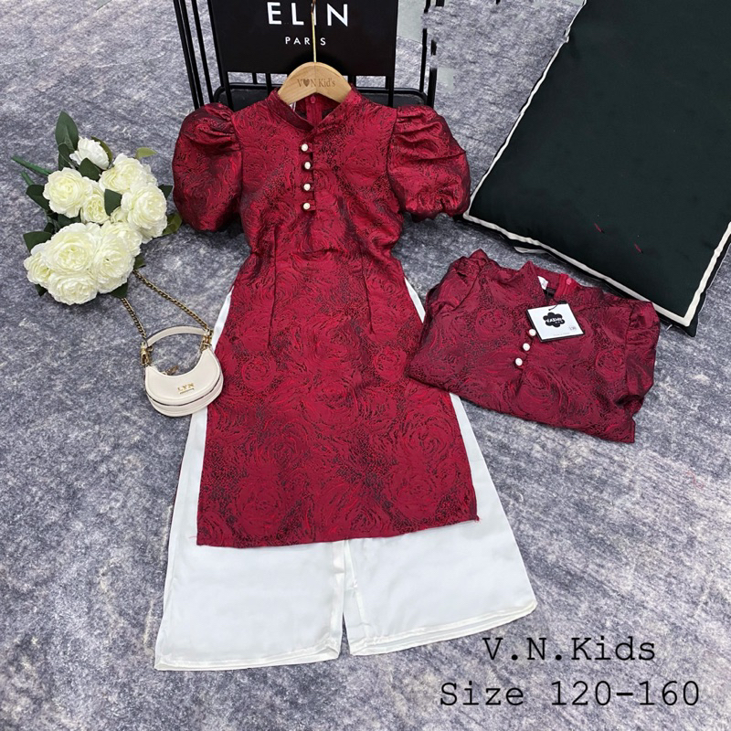 Set áo dài Gấm hoa hồng + quần lụa xuông size đại 16kg - 40kg