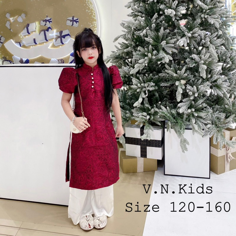 Set áo dài Gấm hoa hồng + quần lụa xuông size đại 16kg - 40kg