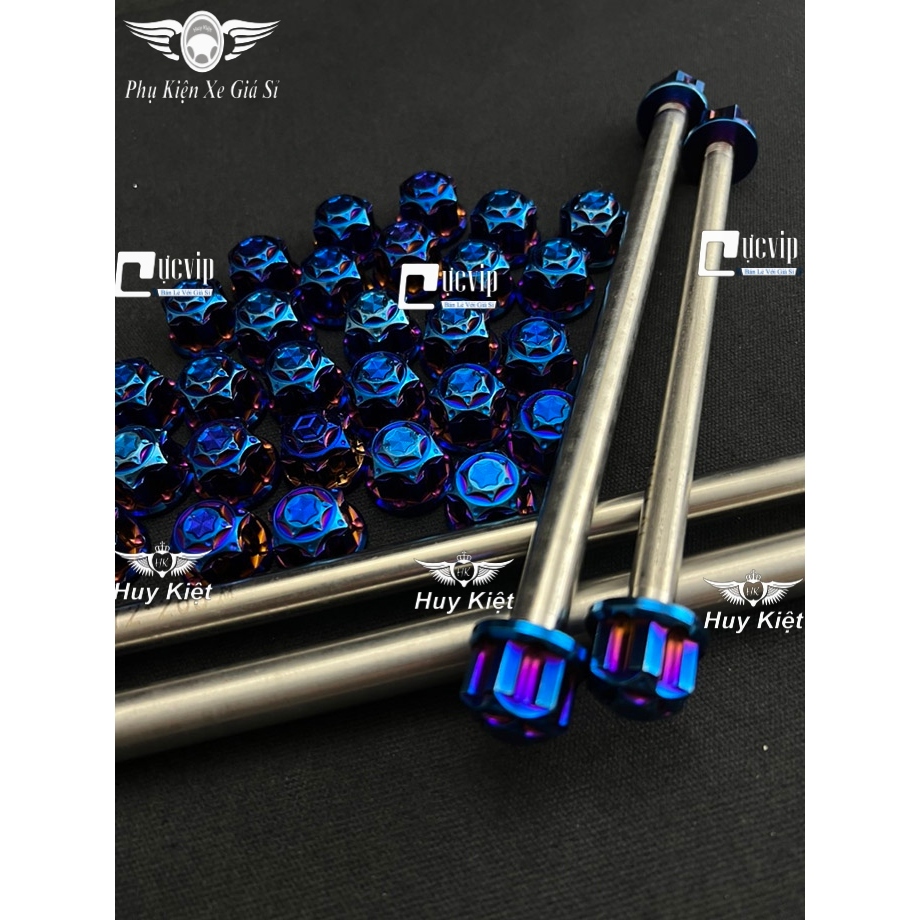 Cốt Trục Bánh Xe Trước Và Sau Kèm Tán Inox 304 Xi Titan Cho Ex,Fu Led,Satria,Raider,Win,AB,SH,Vario,Vision,