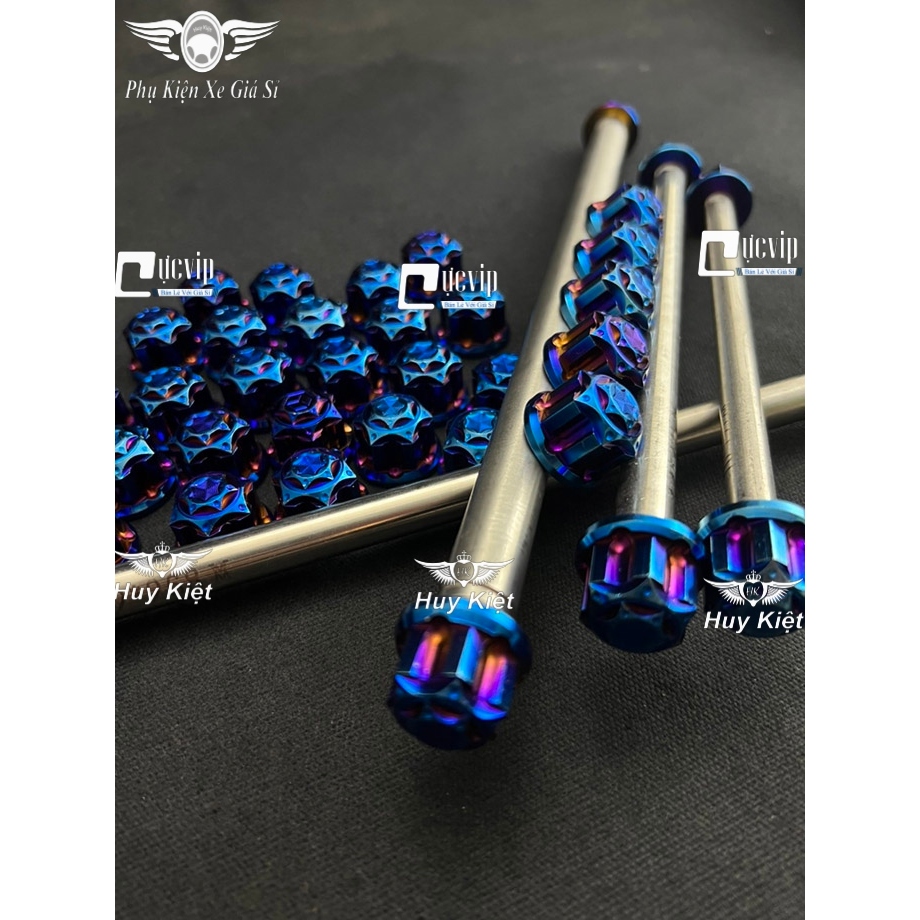 Cốt Trục Bánh Xe Trước Và Sau Kèm Tán Inox 304 Xi Titan Cho Ex,Fu Led,Satria,Raider,Win,AB,SH,Vario,Vision,