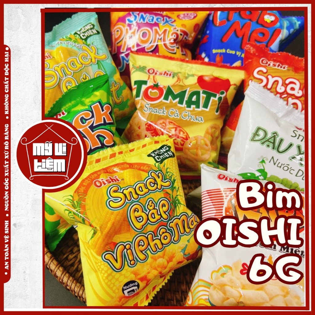 Tổng hợp bim bim Oishi các vị (gói 6g) vị đậu xanh nước dừa, socola, bắp phô mai, bí đỏ, tôm, cua..- Mỹ Vị Tiệm