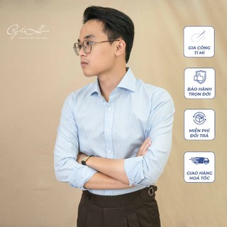 Áo Sơ Mi Nam cổ Cutaway GENTLE HOME màu xanh kẻ cao cấp vải cotton chống nhăn tốt công sở