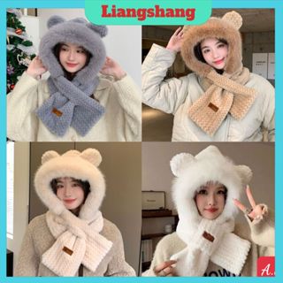 Mũ Khăn Xỏ Logo Da - Mũ lông trùm đầu tai mèo cute, Mũ len trùm đầu kèm khăn giữ ấm cho mùa đông.