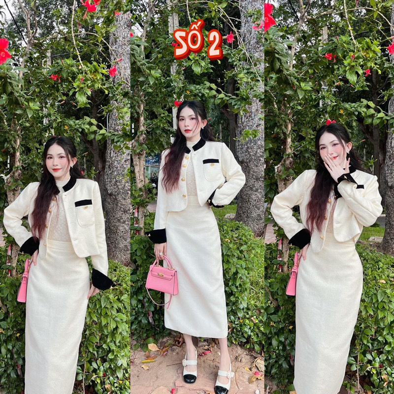 Set dạ tweed trắng tay lật nhung đen