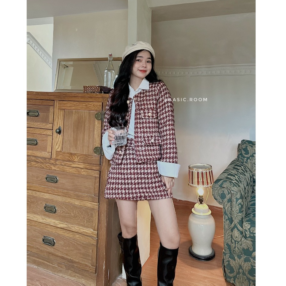 Set dạ tweed kẻ đỏ lót trần bông mix chân váy siêu xinh - Set dạ mặc Tết, Noel by Basic room