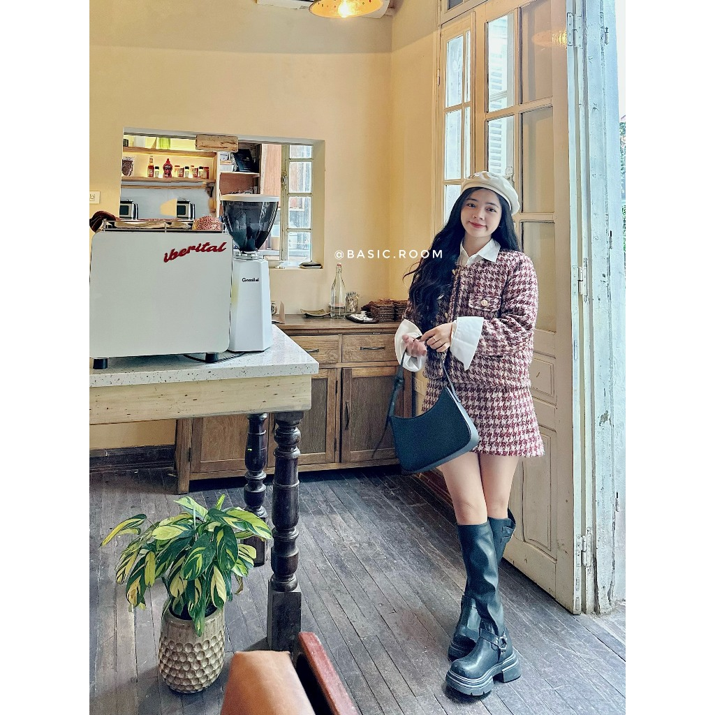 Set dạ tweed kẻ đỏ lót trần bông mix chân váy siêu xinh - Set dạ mặc Tết, Noel by Basic room