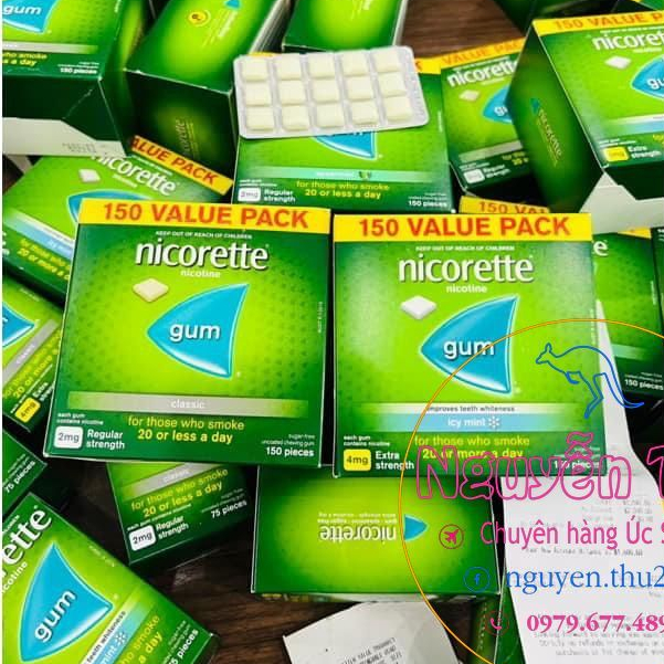 Kẹo cao su cai thuốc lá Nicorette 2mg và 4mg hộp 75v, 150 viên, vị bạc hà, cổ điển classic nội địa Úc date xa