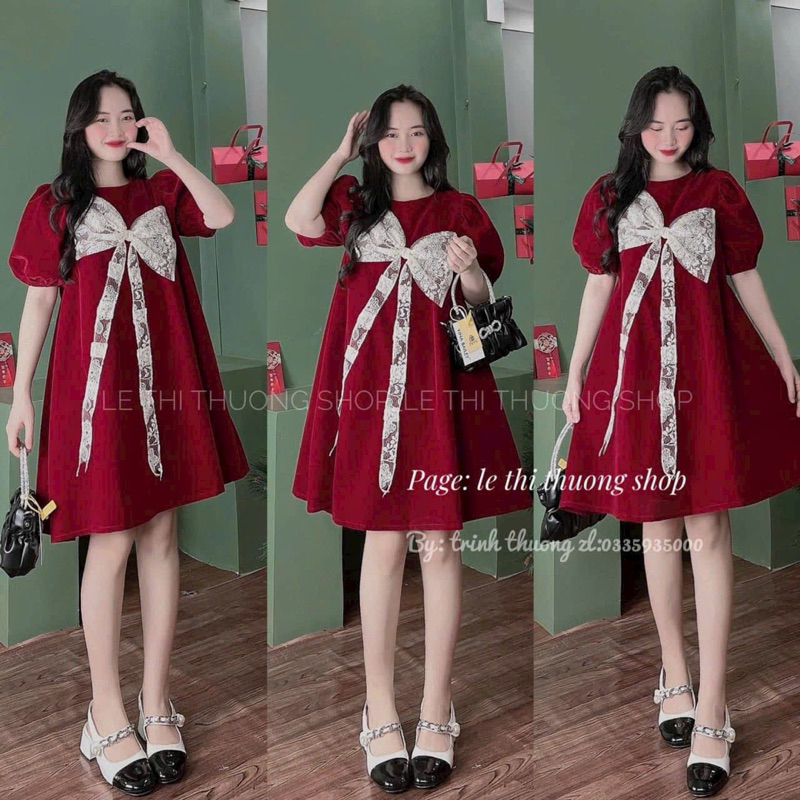 Đầm mặc Tết thời trang nữ chất NHUNG cứng fom babydoll tay búp ngắn đính NƠ REN siêu hót 2 màu đỏ và đen