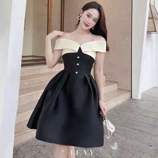 váy tiệc phối trắng đen