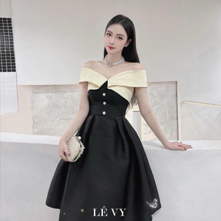 váy tiệc phối trắng đen