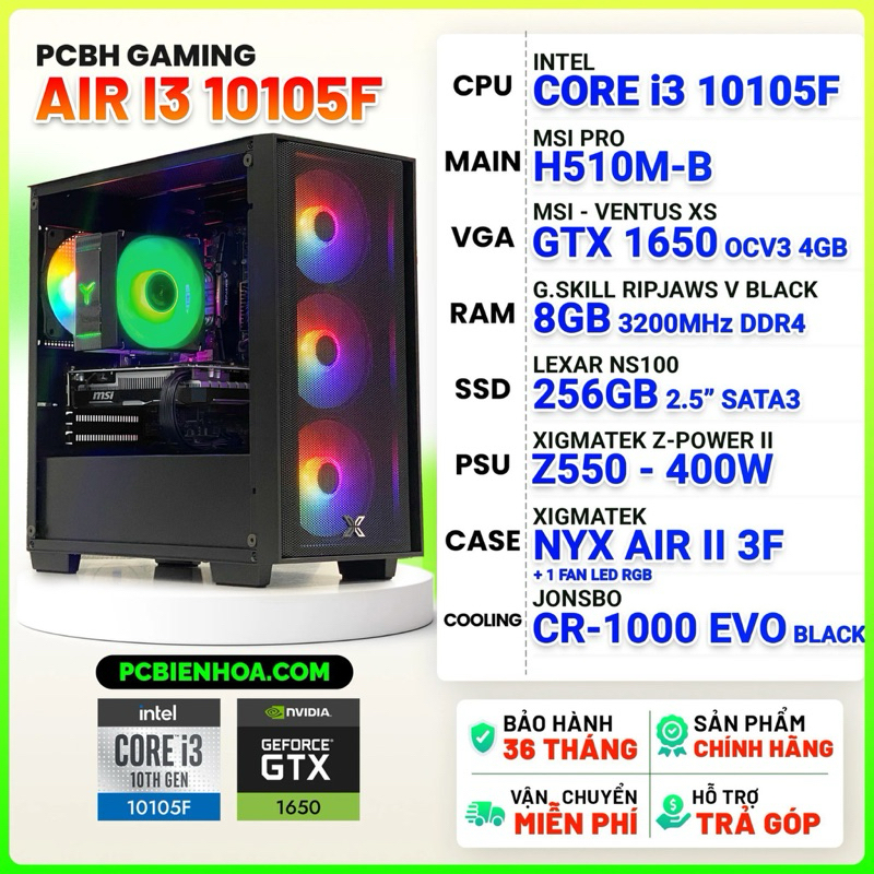 PC GAMING GEMINI ( CORE I3 10105F / H510 / GTX1650 / 8GB / 256GB )