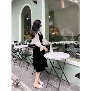 váy nhung tay phối cổ ren