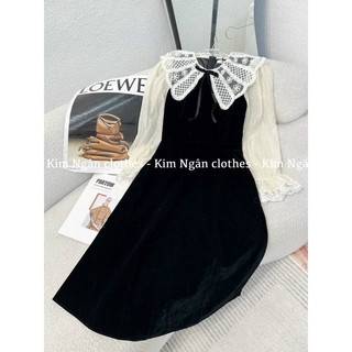 váy nhung tay phối cổ ren