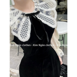 váy nhung tay phối cổ ren