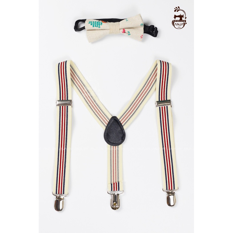 Set đai chữ Y (dây đeo quần) màu kem sọc đỏ kèm nơ màu kem cho bé trai - hieumayanja1991 (Hiệu May ANJA 1991)