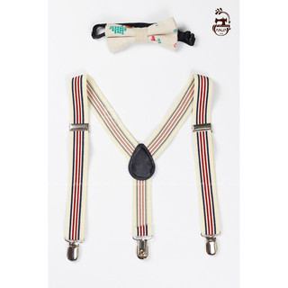 Set đai chữ Y (dây đeo quần) màu kem sọc đỏ kèm nơ màu kem cho bé trai - hieumayanja1991 (Hiệu May ANJA 1991)