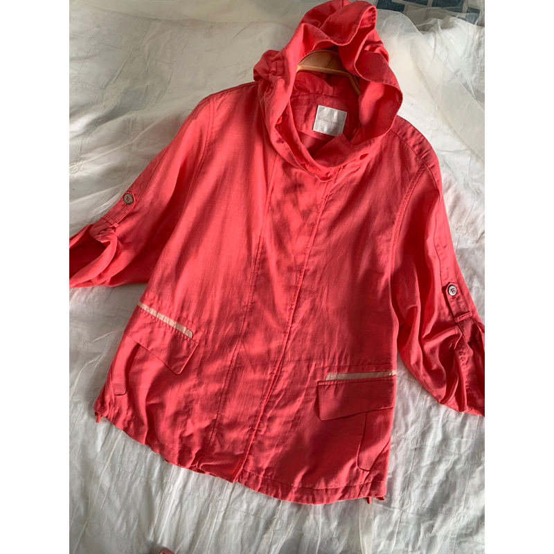 Áo khoác M465 màu cam đào kiểu cài cúc sơmi giấu có mũ có dây rút gấu tay lửng 2hand Hàn si ảnh thật