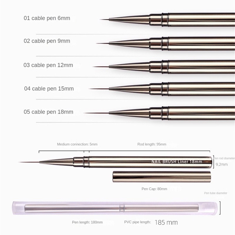 Cọ vẽ nét, liner 9-18mm siêu mảnh cán kim loại trang trí móng