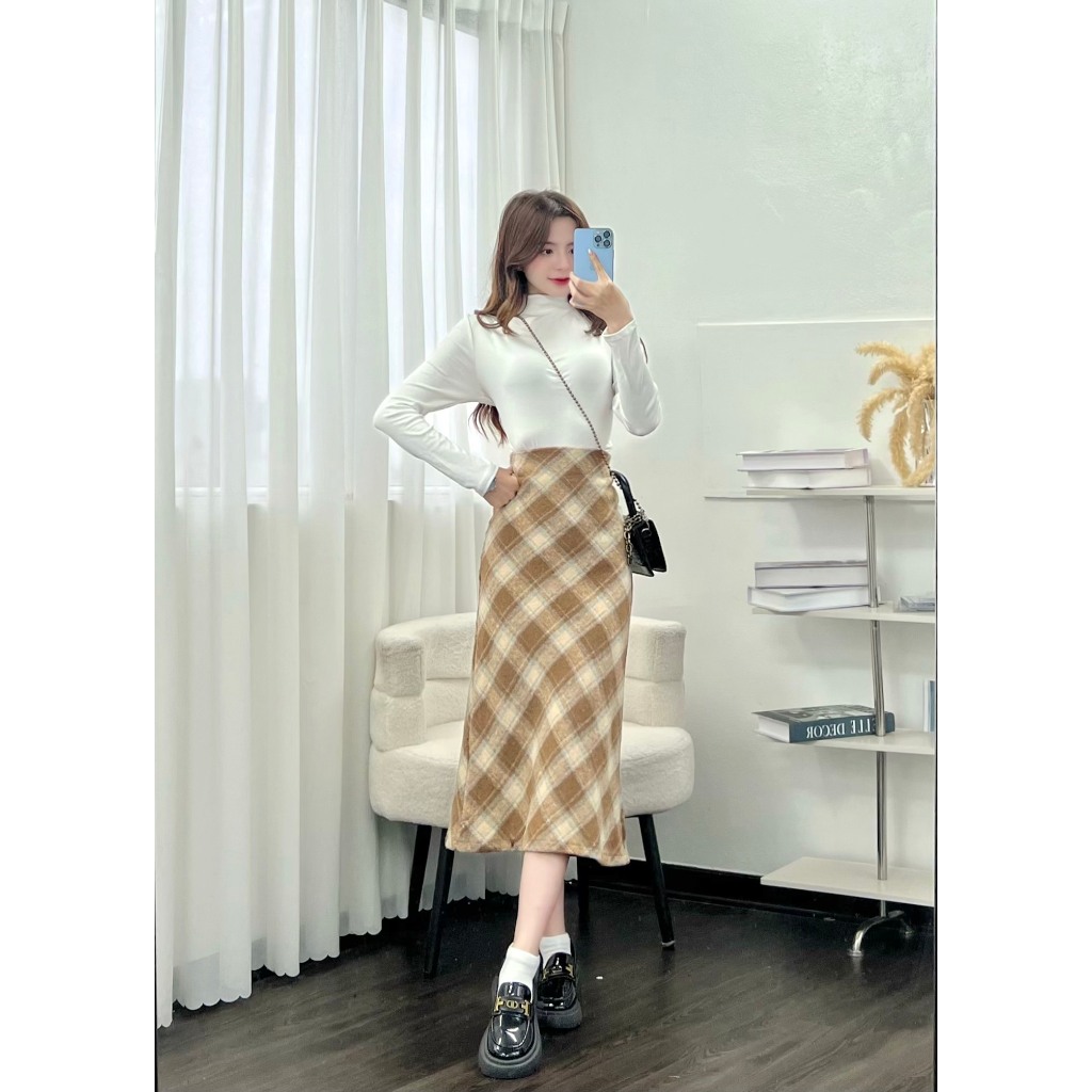 Chân váy dạ dài kẻ ô mix với gì cũng xinh style chuẩn Hàn Jun Store 380 P5K10