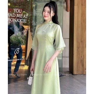Áo dài cách tân Ngọc Điệp chất liệu lụa tơ óng 4 tà màu xanh cốm