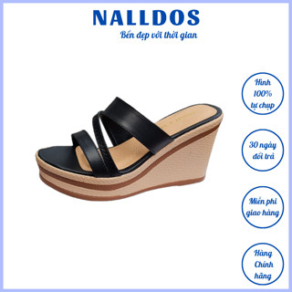 Dép 2 quai ngang nữ thêm quai chéo dây mảnh NALLDOS quai da Microfiber đế xuồng PU cao 9cm rất nhẹ