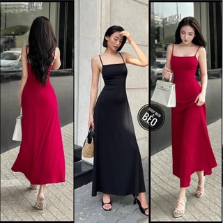 Đầm 2 dây có mút phom dài dáng xoè chất thun gân có giãn thích hợp mặc đi tiệc đi làm đi chơi