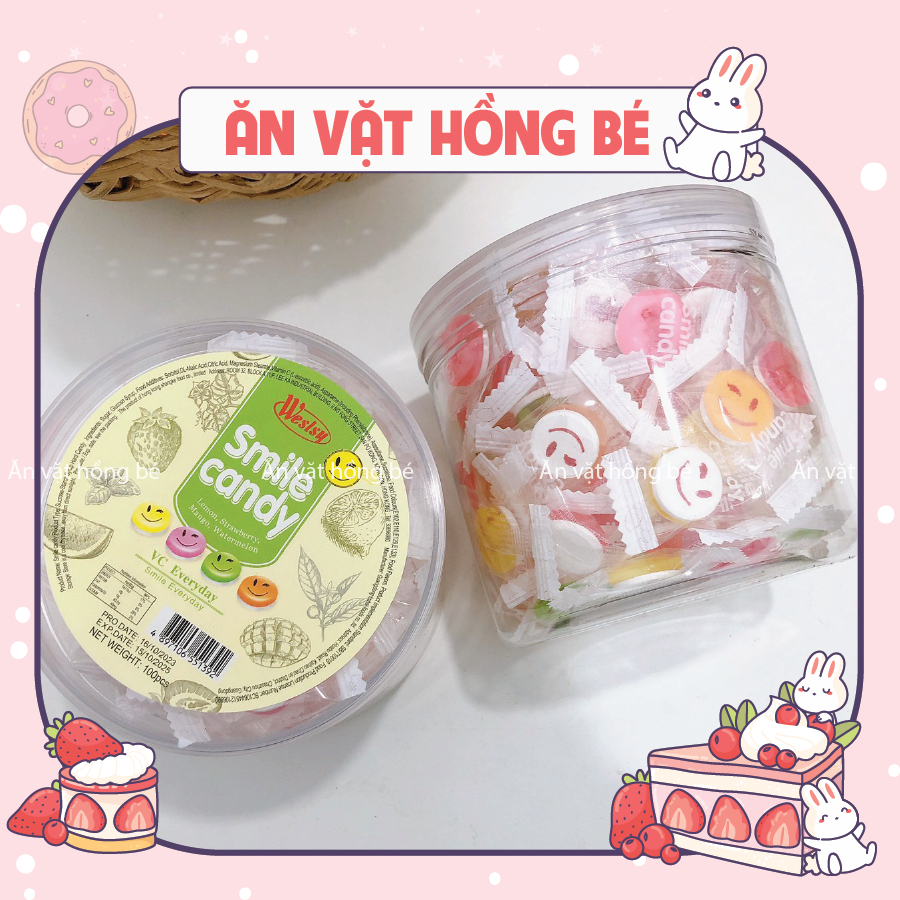 Hộp 100 chiếc Kẹo mặt cười hương trái cây, kẹo ngậm Smile candy với vị chanh, dâu, xoài, dưa hấu thơm ngon, đồ ăn vặt gi