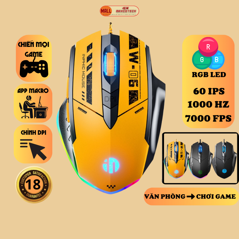 Chuột máy tính gaming chơi game Maxcotech Inphic W6 bản có dây tắt âm silent 12800 DPI Led RGB - Chính hãng