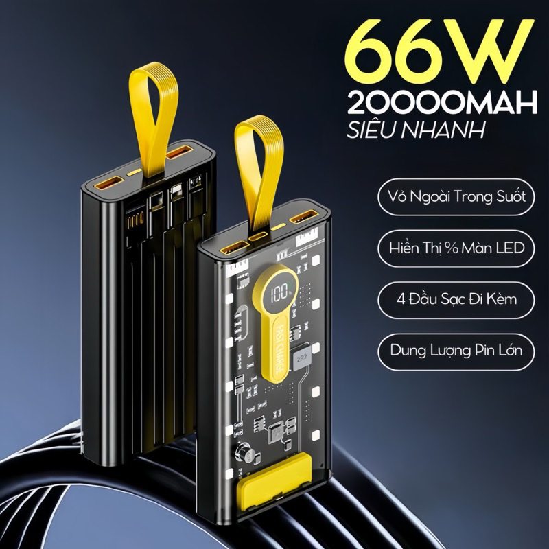 Sạc dự phòng Trong Suốt PD 66w - 20000mAh  với thiết kế hiện đại có thể nhìn được bản mạch bên trong - PICETECHHN