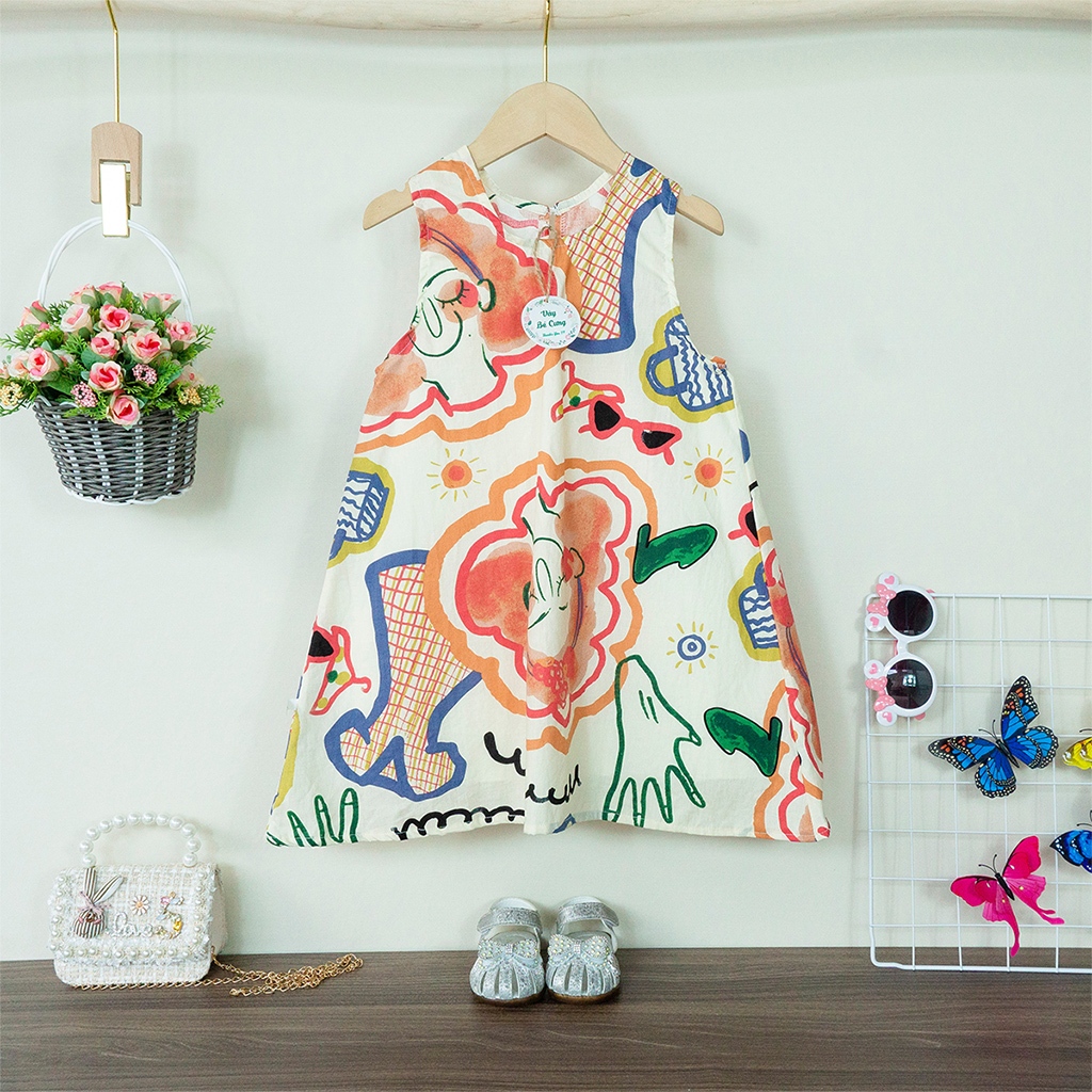 Váy bé gái, đầm bé gái vải Thô Cotton, dáng suông họa tiết dễ thương cho bé