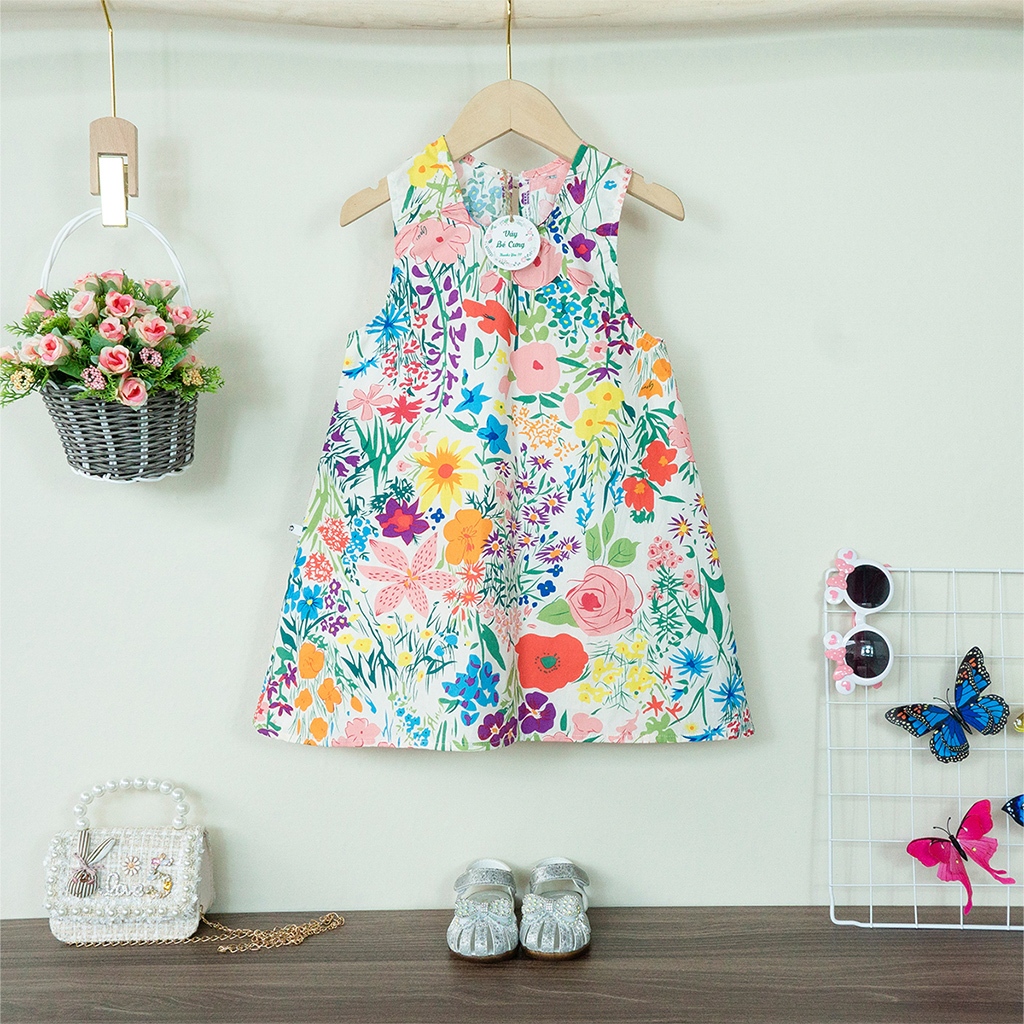 Váy bé gái, đầm bé gái vải Thô Cotton, dáng suông họa tiết dễ thương cho bé