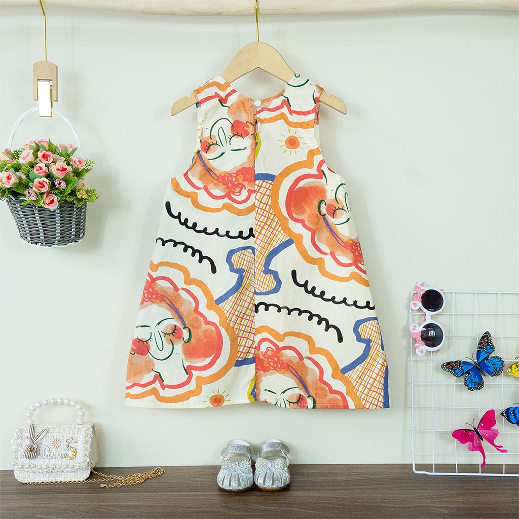 Váy bé gái, đầm bé gái vải Thô Cotton, dáng suông họa tiết dễ thương cho bé