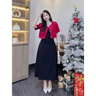 Đầm thời trang nữ mặc chơi Tết Noel mùa xuân chất thun tăm co giản 2 dây maxi đen kèm áo khoác lennin đỏ tay ngắn