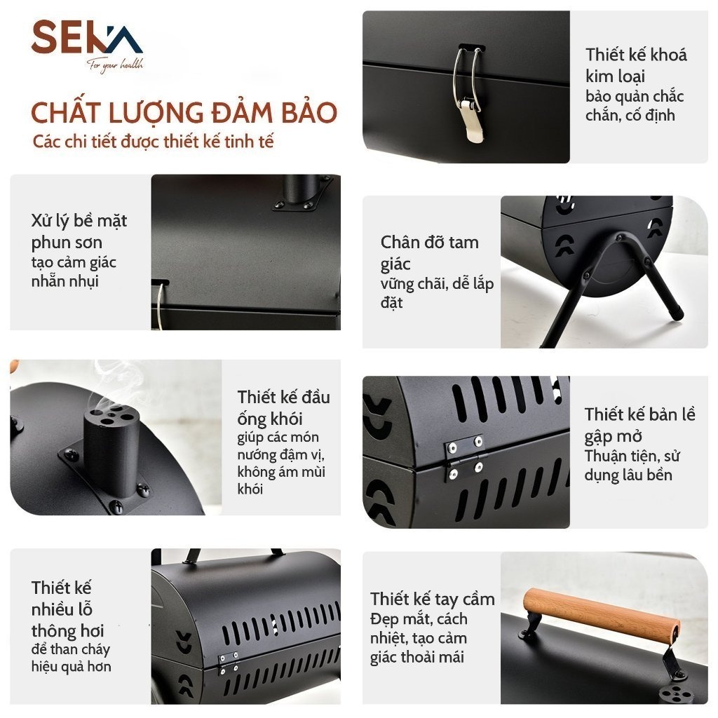 Bếp Nướng Than Hoa SEKA SK3640 Dã Ngoại Ngoài Trời Kèm Vỉ Nướng Inox, Khay Đựng Than, Nướng Thịt Ngon – Bảo Hành Lâu Dài