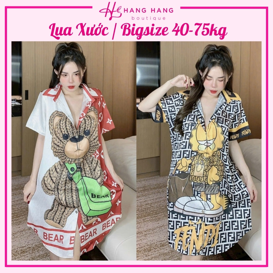 Đầm váy ngủ sơ mi lụa xước dáng suông rộng 40-70kg, đầm váy ngủ lụa thiết kế thương hiệu sang chảnh bầu bì mặc nhà xinh
