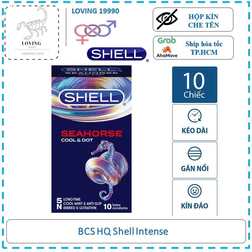 Bao cao su Hàn Quốc Shell Seahorse - kéo dài thời gian, gân xoắn, mát lạnh - 10 chiếc