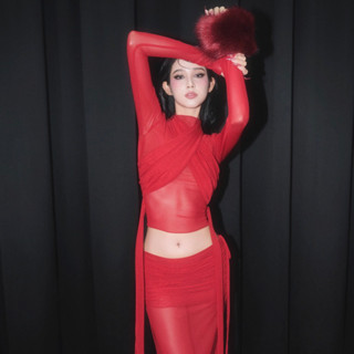 Set áo và chân váy lưới thun đỏ rút dây có thể điều chỉnh độ dài - SIENNA SET by feiin