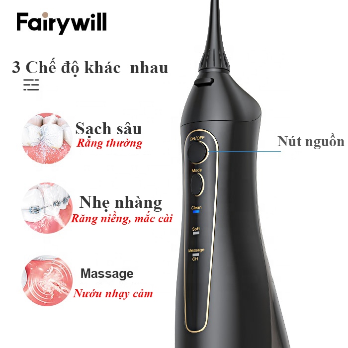 Tăm nước cầm tay Fairywill 5020E hãng Đức gồm 7 đầu tăm cho răng niềng