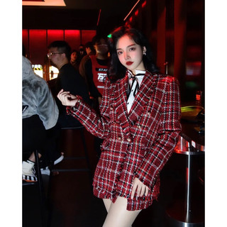 Set áo khoác blazer+chân váy dạ đỏ sọc ca rô thanh lịch