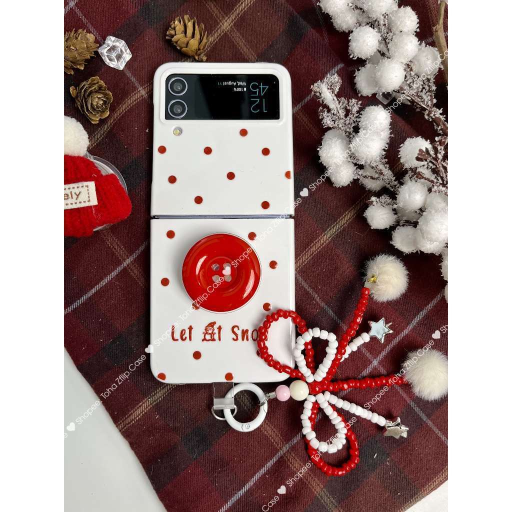 Ốp Lưng Samsung Z Flip 5/Z Flip 4/Z Flip 3 Noel Snowfall tráng UV kèm giá đỡ cúc áo mũ len đính dây móc nơ