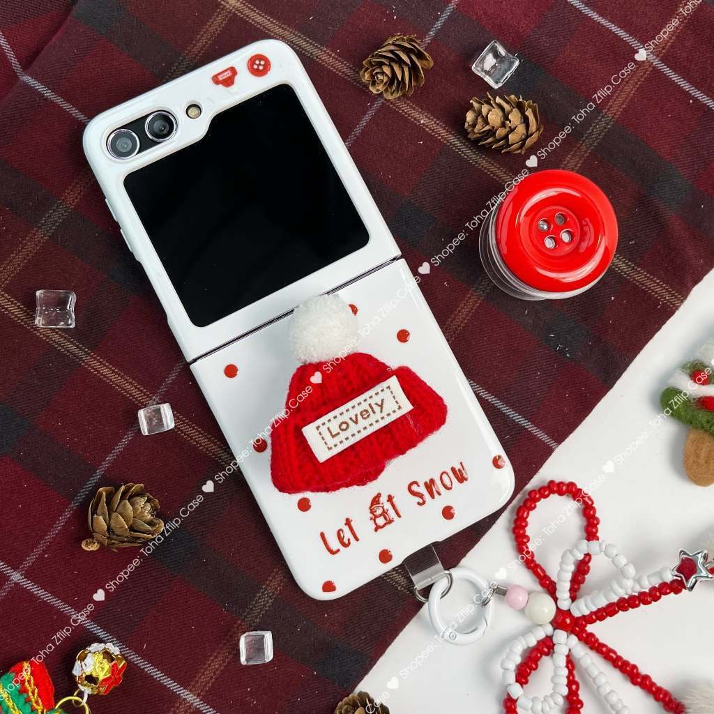 Ốp Lưng Samsung Z Flip 5/Z Flip 4/Z Flip 3 Noel Snowfall tráng UV kèm giá đỡ cúc áo mũ len đính dây móc nơ