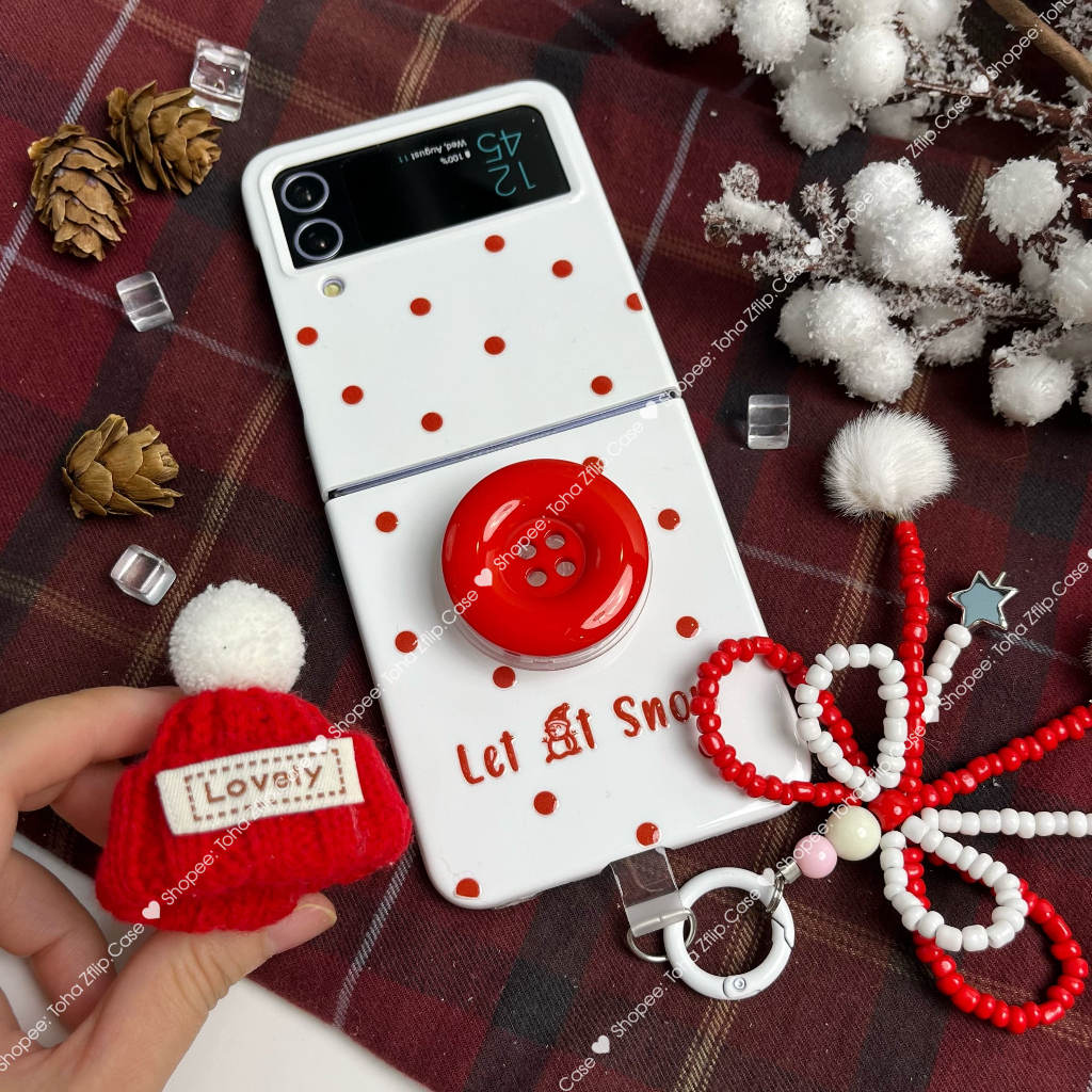 Ốp Lưng Samsung Z Flip 5/Z Flip 4/Z Flip 3 Noel Snowfall tráng UV kèm giá đỡ cúc áo mũ len đính dây móc nơ