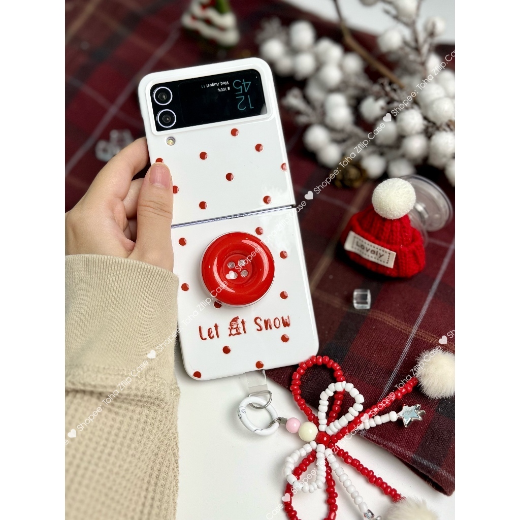 Ốp Lưng Samsung Z Flip 5/Z Flip 4/Z Flip 3 Noel Snowfall tráng UV kèm giá đỡ cúc áo mũ len đính dây móc nơ