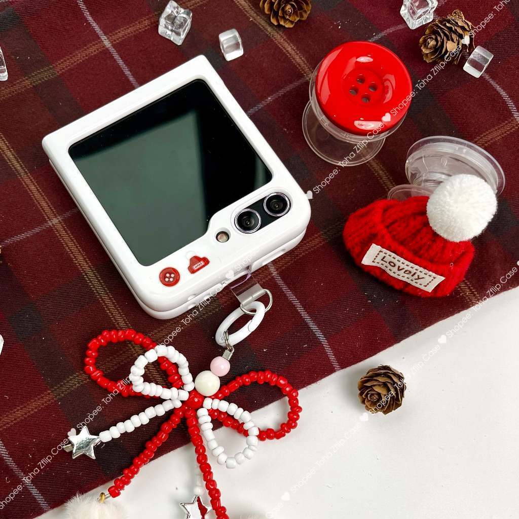 Ốp Lưng Samsung Z Flip 5/Z Flip 4/Z Flip 3 Noel Snowfall tráng UV kèm giá đỡ cúc áo mũ len đính dây móc nơ