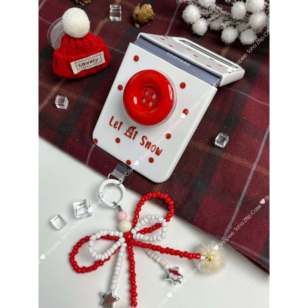 Ốp Lưng Samsung Z Flip 5/Z Flip 4/Z Flip 3 Noel Snowfall tráng UV kèm giá đỡ cúc áo mũ len đính dây móc nơ
