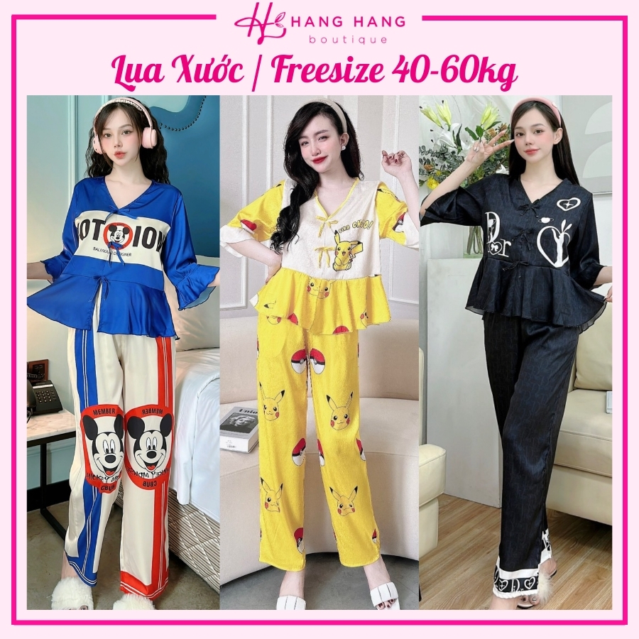 Bộ ngủ freesize 40-60kg, pijama dài tay lỡ vạt bèo lụa xước, đồ bộ nữ đồ ngủ lụa tiểu thư mặc nhà cute gấu dâu dễ thương