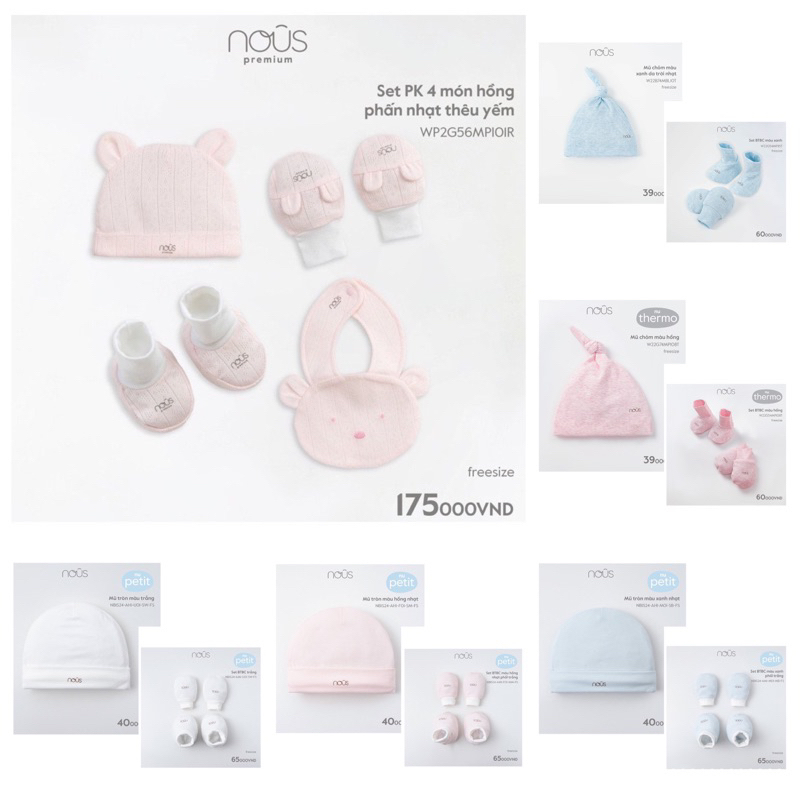 Set phụ kiện Mũ - Yếm - Bao Tay Bao Chân Nous chính hãng cho bé sơ sinh